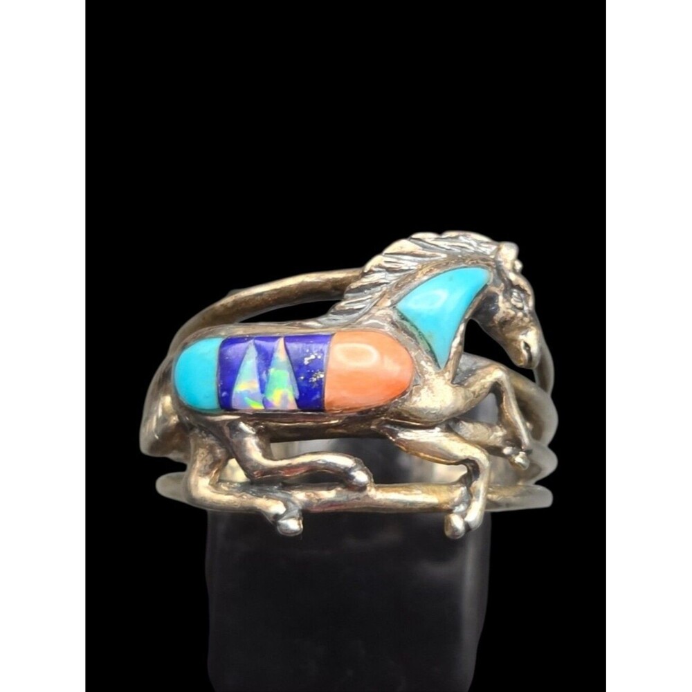 Sterling Silver Running Horse Inlay Ring Turquoise Lapis Opal Size 7